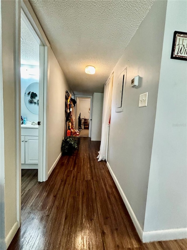 hallway with sink, a textured ceiling, electric panel, and dark hardwood / wood-style flooring