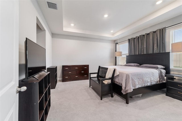 carpeted bedroom with a raised ceiling