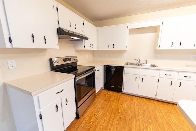 kitchen with light wood-type flooring, black dishwasher, sink, stainless steel electric range oven, and white cabinets