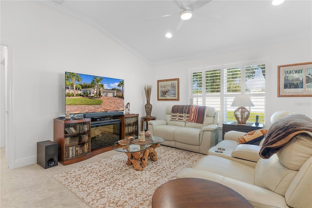 tiled living room with lofted ceiling, ornamental molding, and ceiling fan