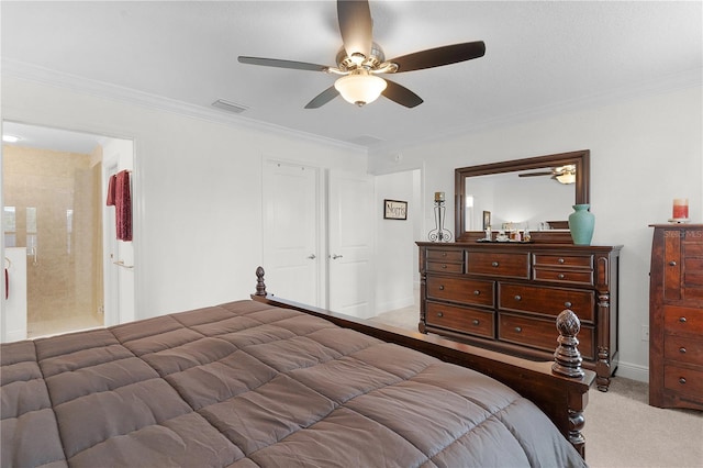 bedroom featuring connected bathroom, carpet flooring, crown molding, and ceiling fan