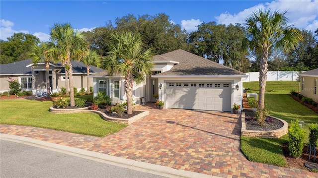 view of front of property featuring a front yard and a garage