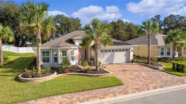 ranch-style house featuring a front yard and a garage