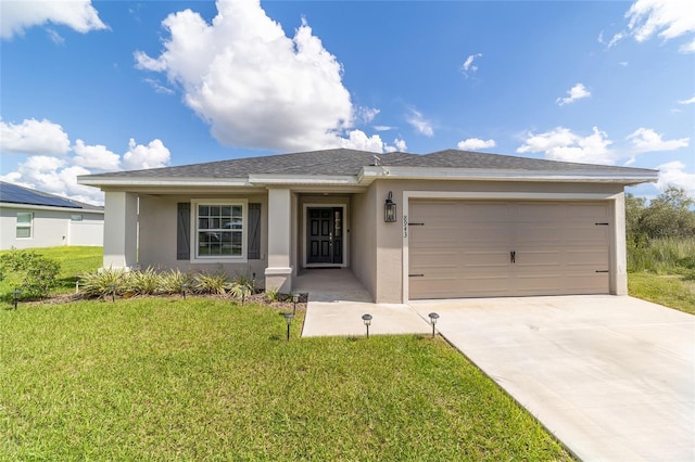 single story home featuring roof with shingles, driveway, stucco siding, a front lawn, and a garage