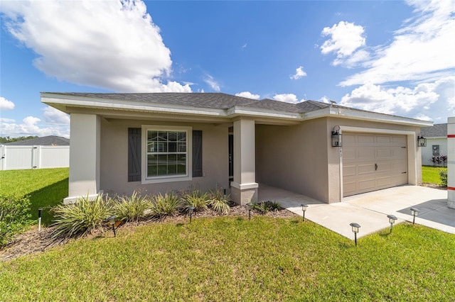 ranch-style house featuring stucco siding, driveway, a front lawn, fence, and a garage