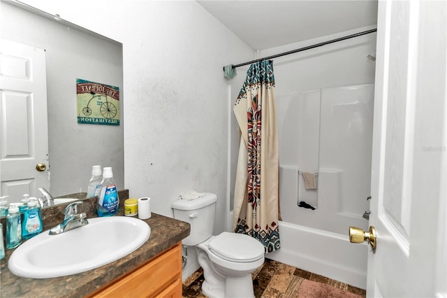 full bathroom with toilet, shower / tub combo, and vanity