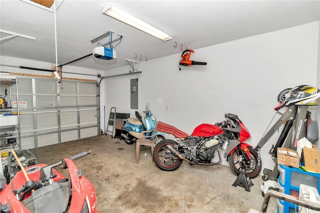 garage featuring a garage door opener and electric panel