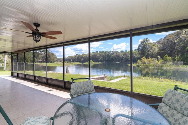 sunroom / solarium featuring ceiling fan and a water view