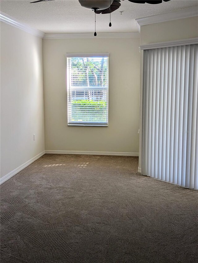 empty room featuring carpet, crown molding, a textured ceiling, and ceiling fan