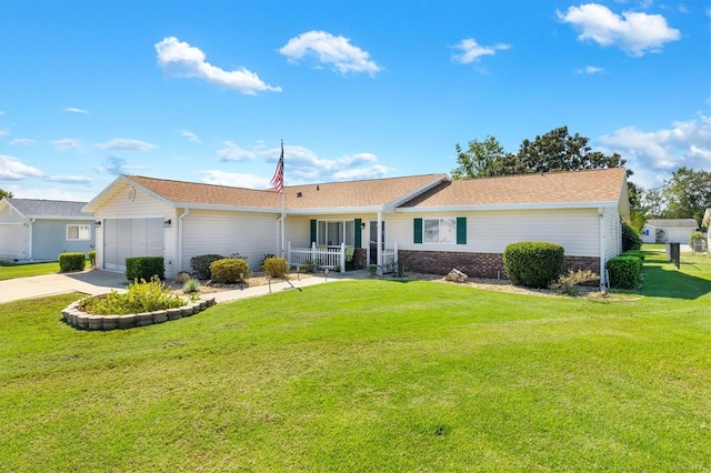 ranch-style house with a front yard and a garage