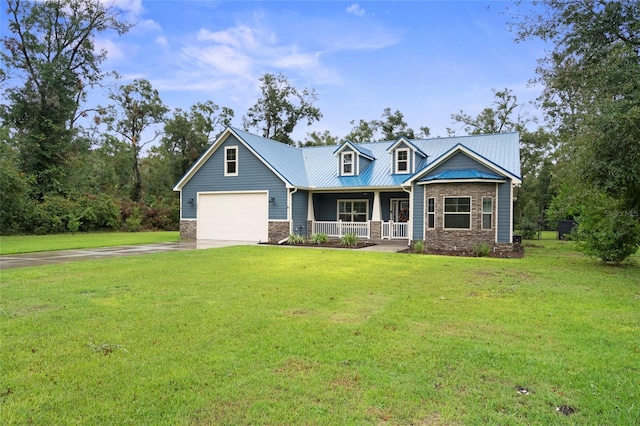 craftsman-style house with a front lawn, a garage, and a porch