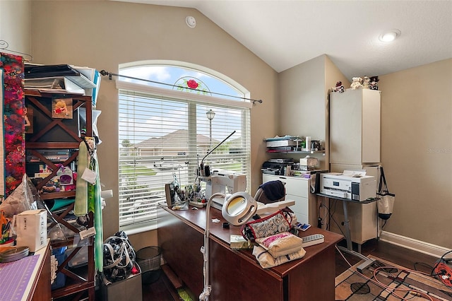 office area featuring lofted ceiling and dark hardwood / wood-style flooring