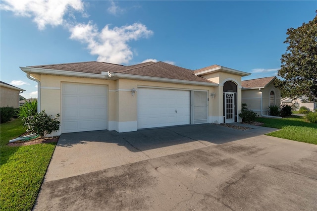 view of front of property with a front yard and a garage