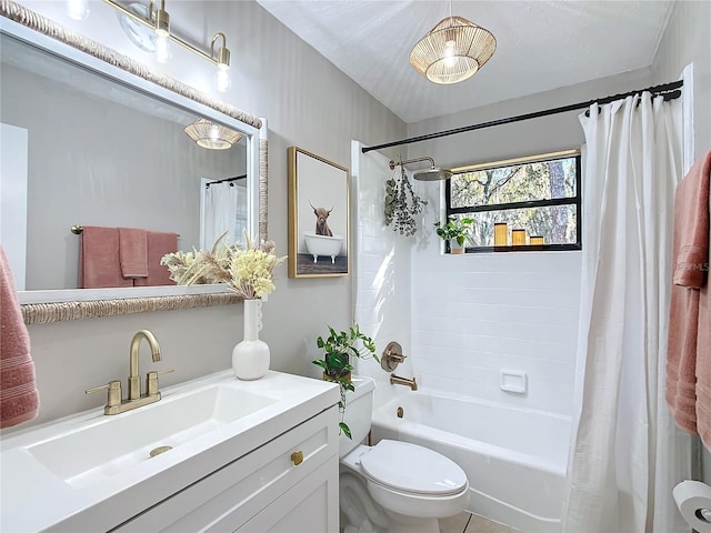 full bathroom featuring vanity, toilet, and shower / bath combo with shower curtain