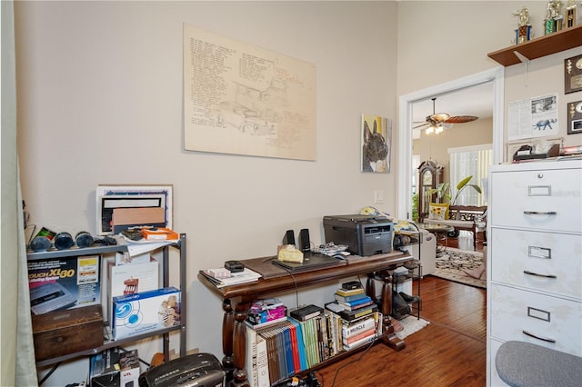 home office with ceiling fan and wood-type flooring