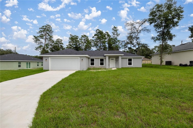 single story home featuring a garage, a front yard, and central air condition unit