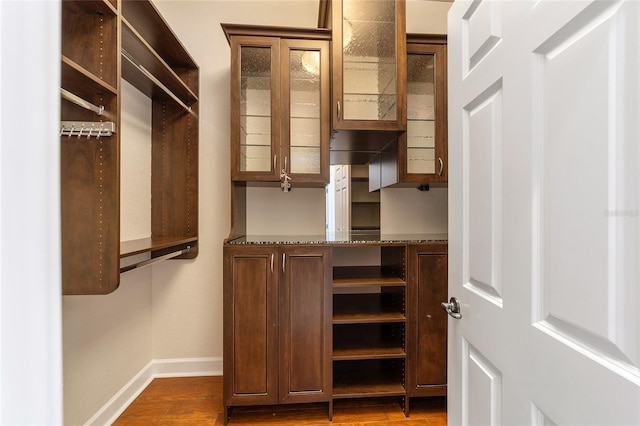 spacious closet featuring dark hardwood / wood-style floors