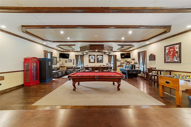 playroom with ornamental molding, pool table, dark hardwood / wood-style floors, and a textured ceiling