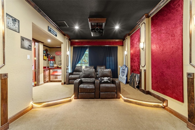 home theater with carpet floors and ornamental molding