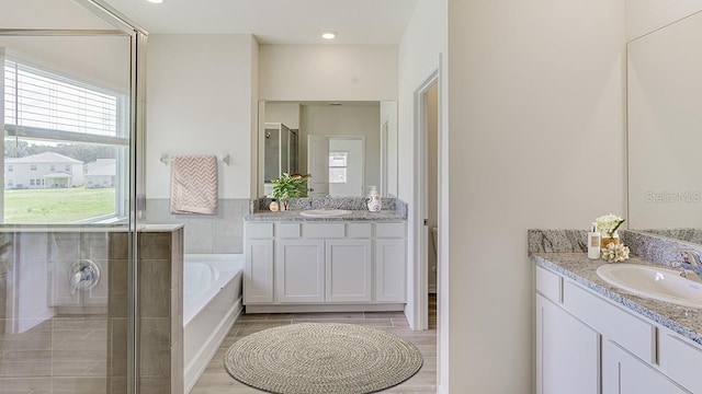 bathroom with vanity, hardwood / wood-style floors, and plus walk in shower