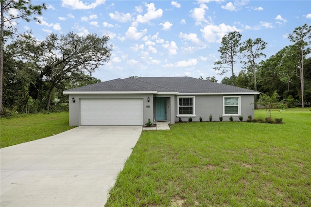 single story home featuring a garage and a front yard