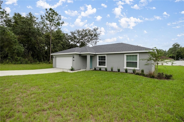 single story home featuring a garage and a front lawn