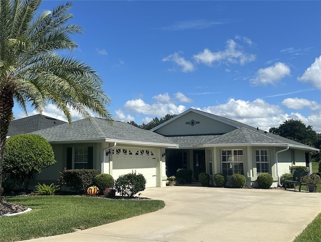 ranch-style house with a garage and a front lawn