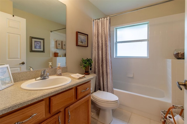 full bathroom with vanity, tile patterned flooring, toilet, and shower / tub combo