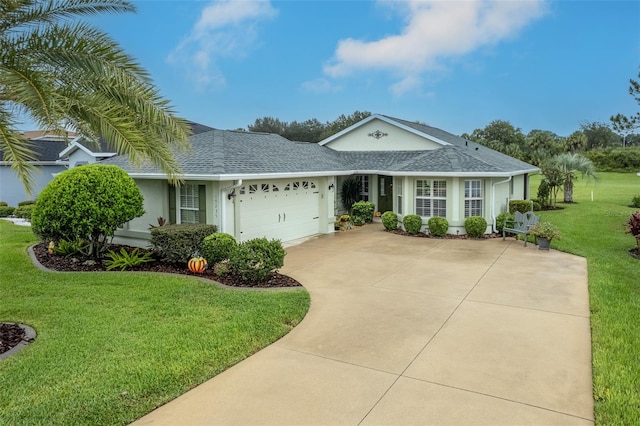 ranch-style house with a front yard and a garage