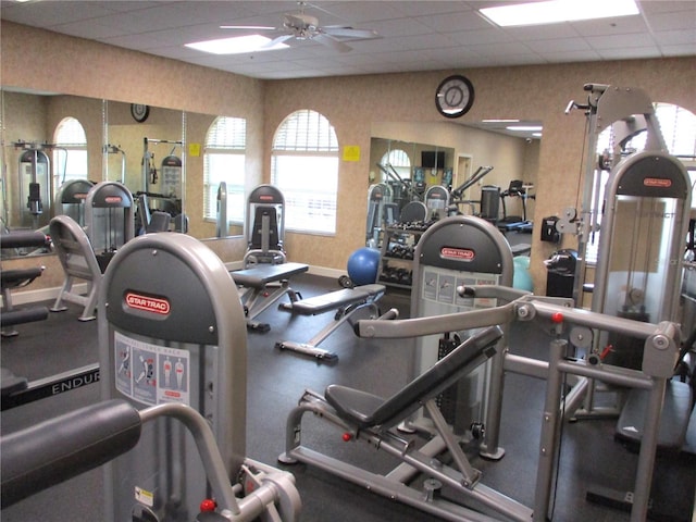 workout area featuring a paneled ceiling, baseboards, and a ceiling fan