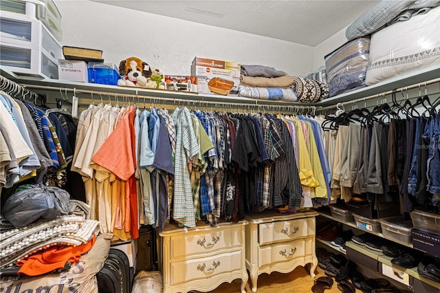 walk in closet with hardwood / wood-style floors