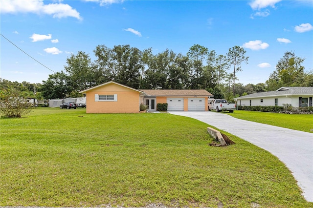 ranch-style home with a front yard and a garage