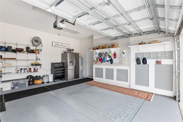 garage featuring a garage door opener and stainless steel refrigerator with ice dispenser