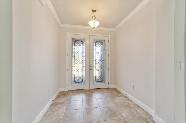 tiled foyer entrance with french doors and ornamental molding