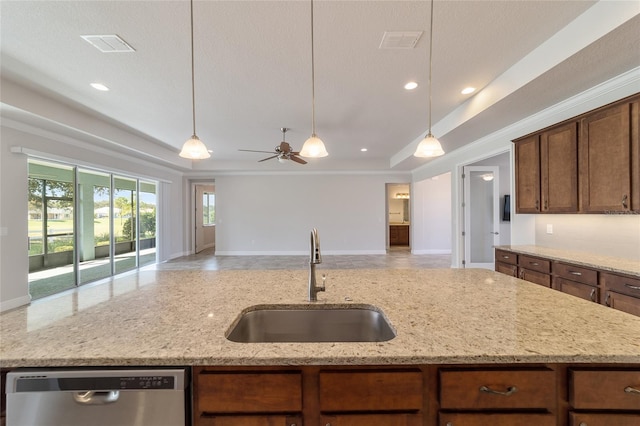 kitchen featuring ceiling fan, light stone countertops, sink, and stainless steel dishwasher