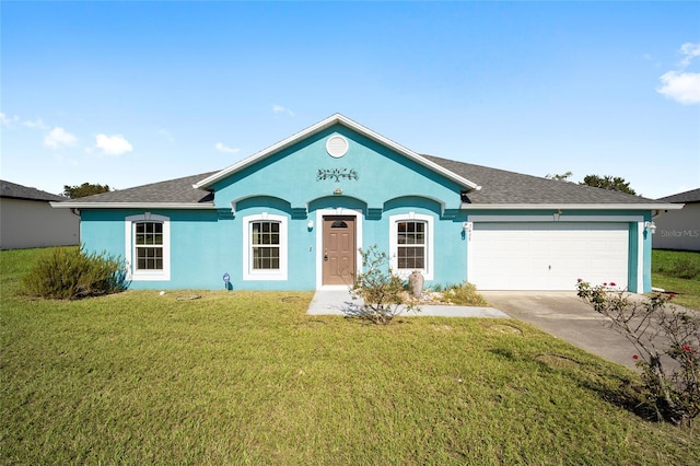 ranch-style house with a garage and a front lawn