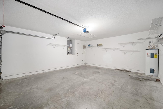 garage with a garage door opener, electric panel, and water heater