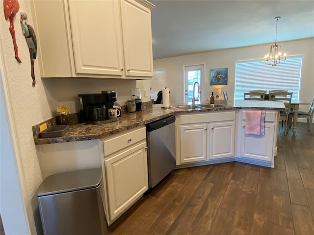 kitchen featuring white cabinetry, kitchen peninsula, sink, and dishwasher