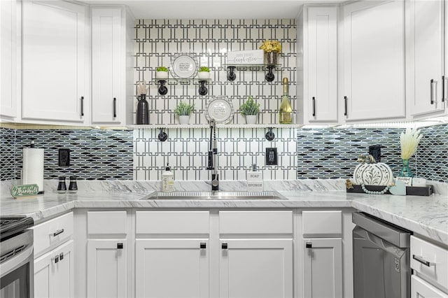 551 Fairways Dr Unit A, Ocala, FL 34472 - kitchen featuring a sink, white cabinets, stainless steel dishwasher, and decorative backsplash