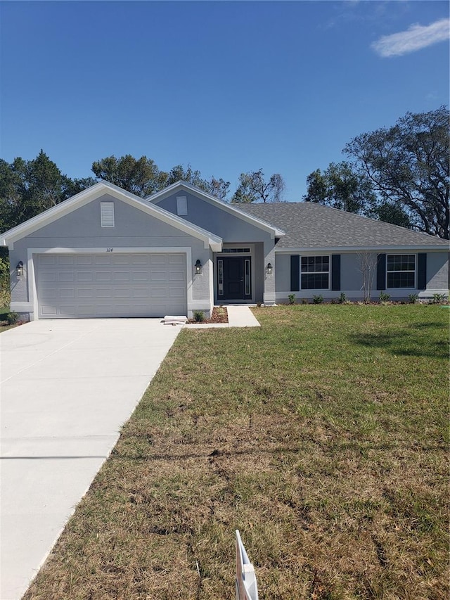 ranch-style house with a shingled roof, concrete driveway, an attached garage, a front lawn, and stucco siding