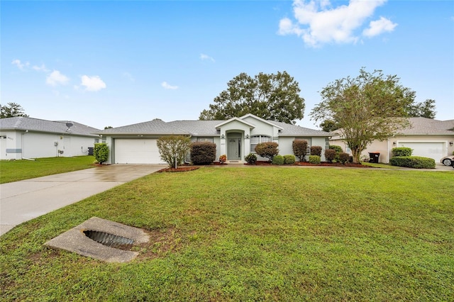 ranch-style home featuring a garage and a front lawn