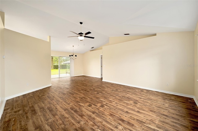 spare room featuring baseboards, dark wood finished floors, ceiling fan with notable chandelier, and lofted ceiling