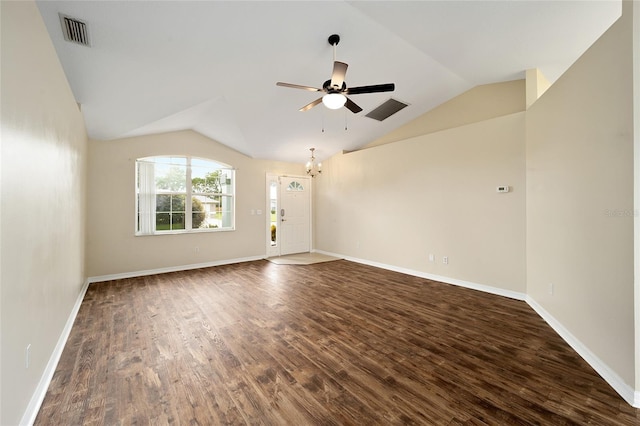 unfurnished living room featuring ceiling fan with notable chandelier, baseboards, lofted ceiling, visible vents, and dark wood-style floors
