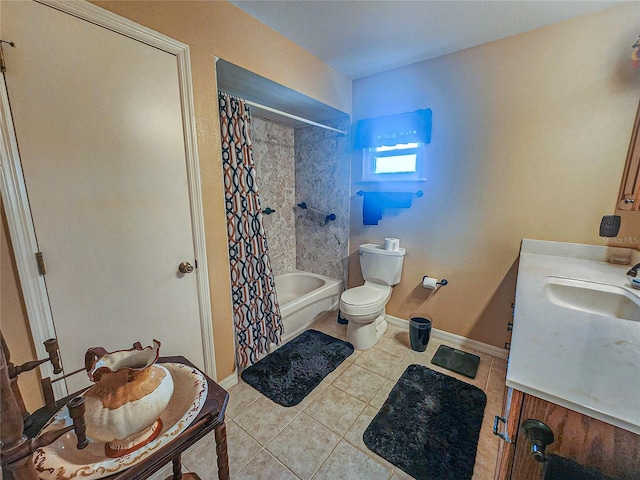 full bathroom with shower / bath combination with curtain, tile patterned flooring, vanity, and toilet