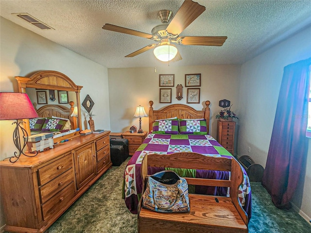 bedroom featuring dark colored carpet, ceiling fan, and a textured ceiling