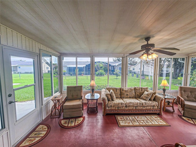 sunroom / solarium with ceiling fan, plenty of natural light, and wooden ceiling