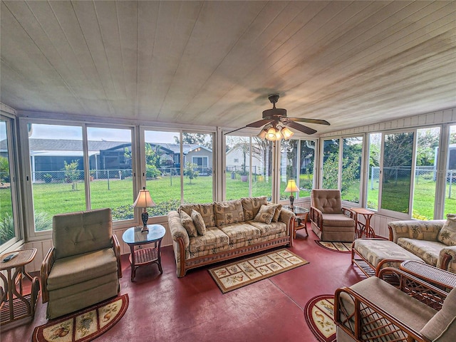 sunroom featuring ceiling fan, wood ceiling, and vaulted ceiling