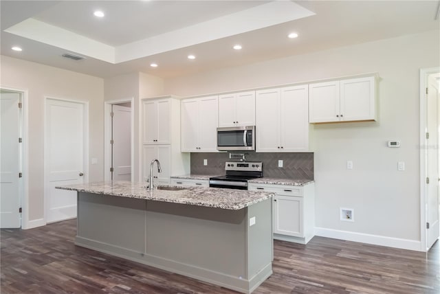 kitchen featuring light stone countertops, appliances with stainless steel finishes, sink, and a center island with sink