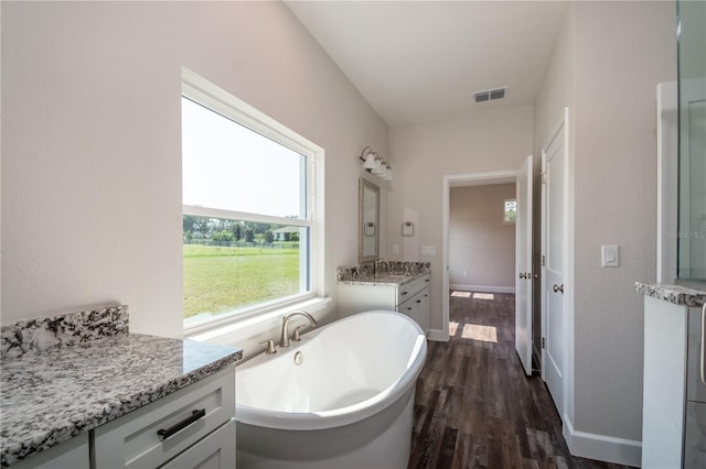 bathroom with vanity, wood-type flooring, and a bath