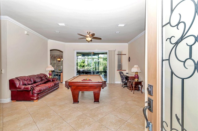 rec room featuring ceiling fan, ornamental molding, billiards, and light tile patterned floors